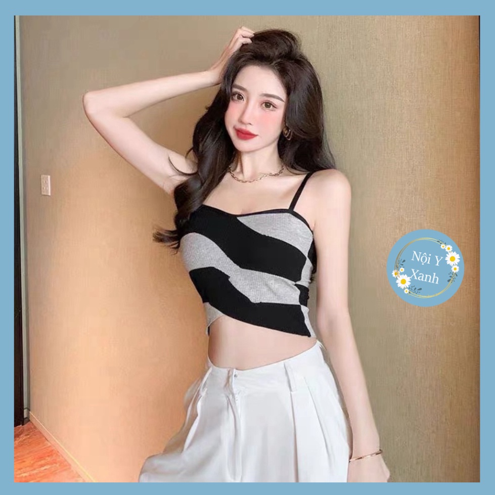 Áo Bra Nữ 2 Dây Mảnh Kẻ Sọc Dáng Lửng Có Đệm Ngực Trend Mới 1887 Nội Y Xanh chất thoáng mát cao cấp