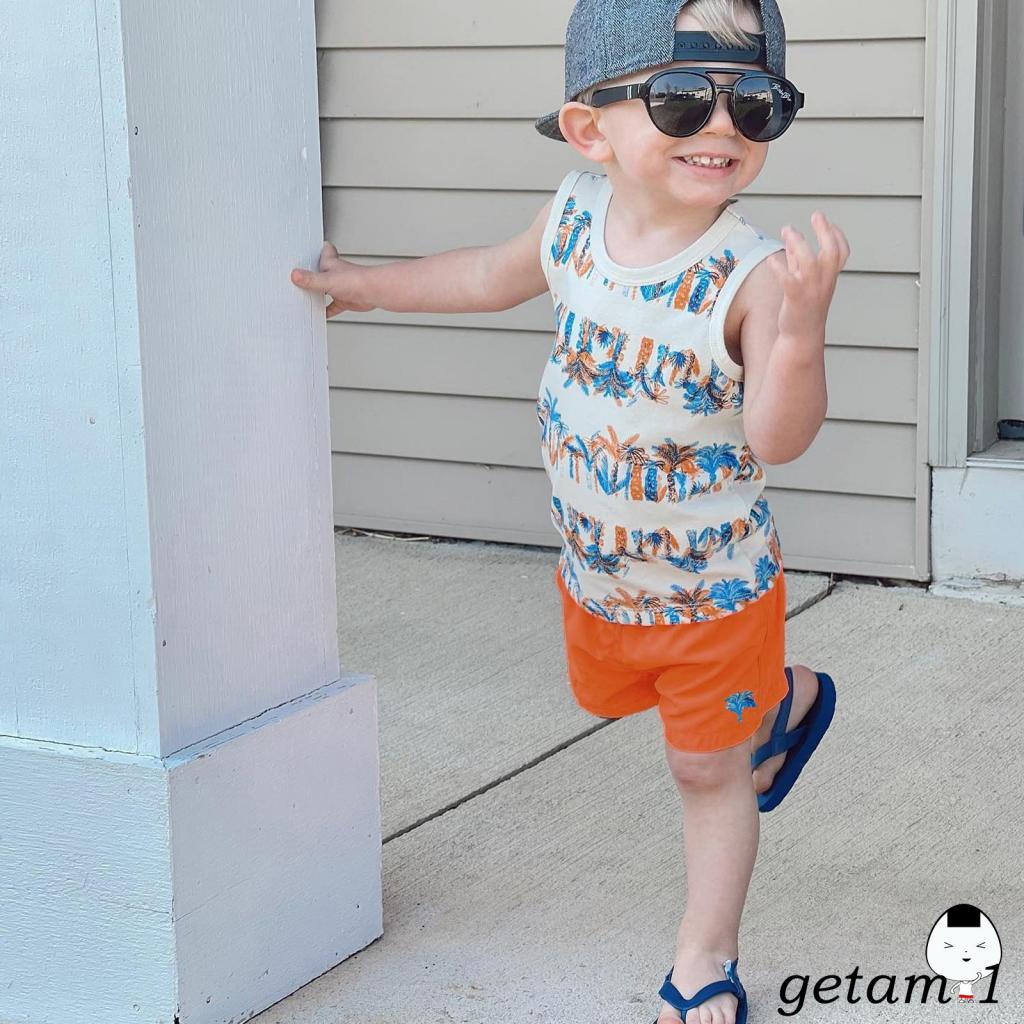 LJW-Kid Boys Summer 2Pcs Outfit Sets Sleeveless O Neck Tree Print Vest + Orange Casual Shorts
