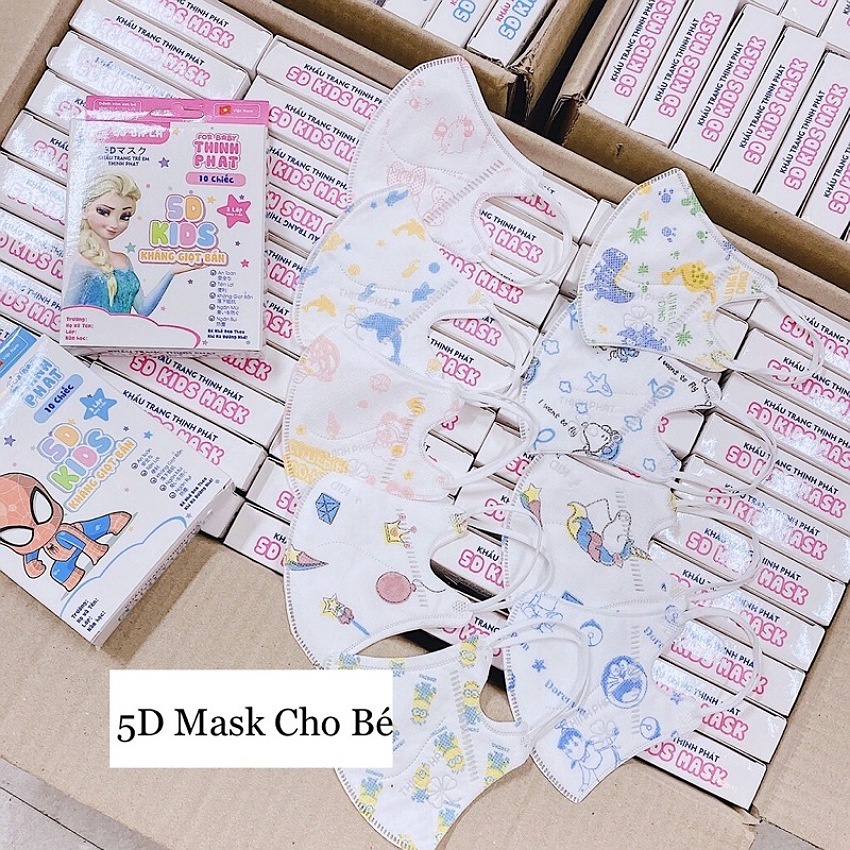 Khẩu trang 5D trẻ em Cỏ Ba Lá Thịnh Phát, hộp 10 cái, khẩu trang 5d mask cho bé 4-10 tuổi, 3 lớp kháng khuẩn, nhiều màu