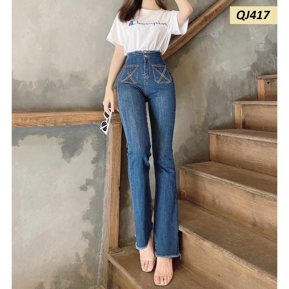 Quần jeans ống Pass Loe lưng siêu cao QJ417