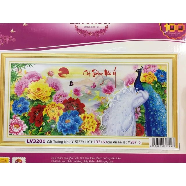 Tranh thêu chữ thập Con Công Hoa Mẫu Đơn LV3201 - Kích thước 133 x 63cm