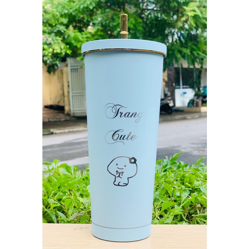 Freekhắc-Cốc giữ nhiệt ruột bằng inox, không dùng điện 750ml chân không có vỏ sơn tĩnh điện chống xưóc, tặng kèm ống hút