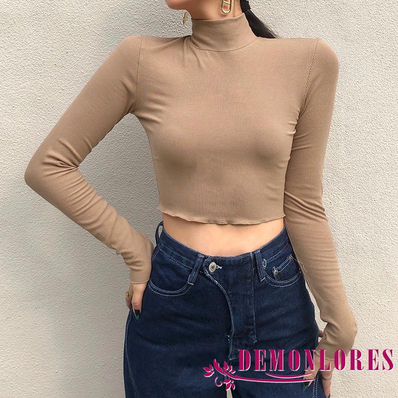 Áo Croptop Tay Dài Cổ Lọ Màu Trơn Thời Trang Nữ Thanh Lịch | BigBuy360 - bigbuy360.vn