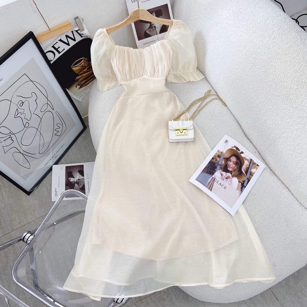 Váy Đầm Midi Nhún Ngực Tay Bồng - Ceci dress