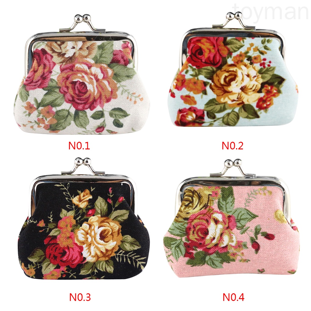 Ví đựng tiền xu vải canvas họa tiết hoa hồng đáng yêu mini dành cho nữ