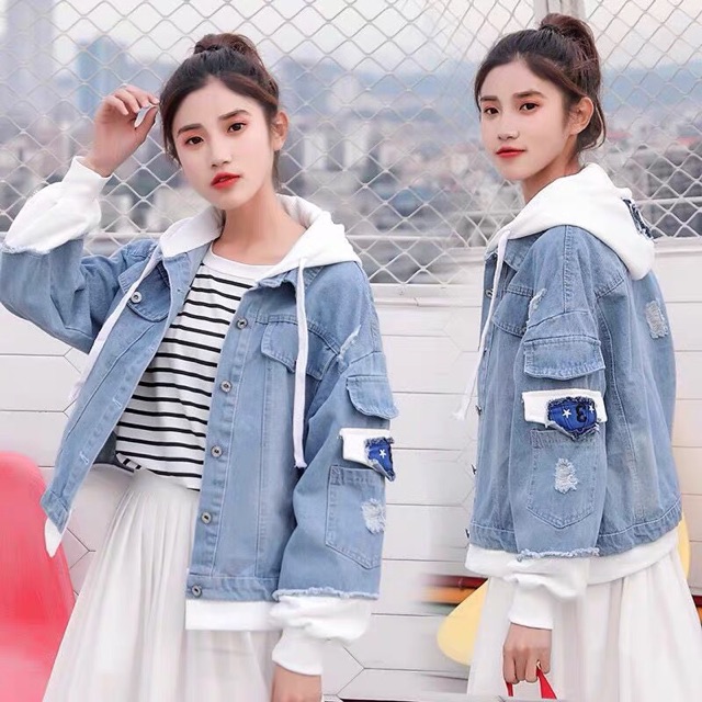 Áo khoác jean nữ viền tay và nón nỉ loại 1 ngọt ngào Hàn Quốc form rộng M-L-XL