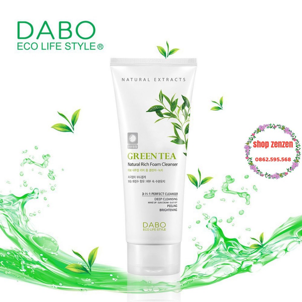 Sữa rửa mặt trà xanh Dabo Green Tea Natural Rich Foam Cleanser 3in1 180ml