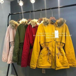 Áo parka nữ, áo kaki lót lông dây rút eo mũ lông to mềm