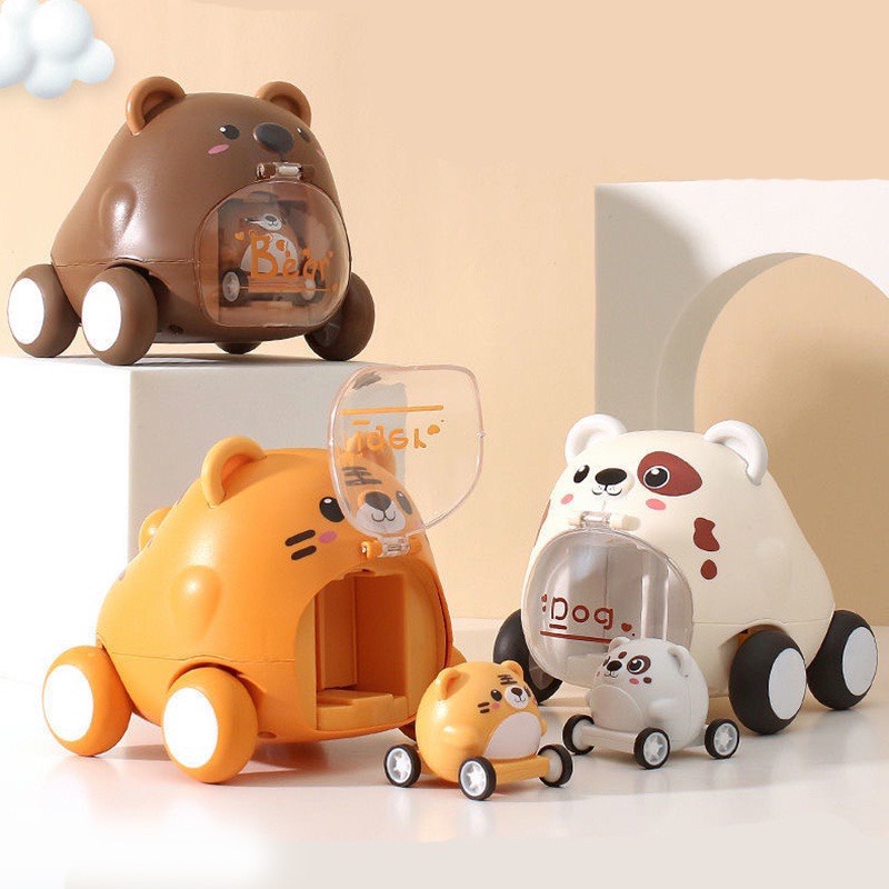 Xe Ô Tô Đồ Chơi Mẹ Ôm Con Hình Hổ Vàng Gấu Nâu Chó Trắng, Nhựa Abs An Toàn Cho Bé