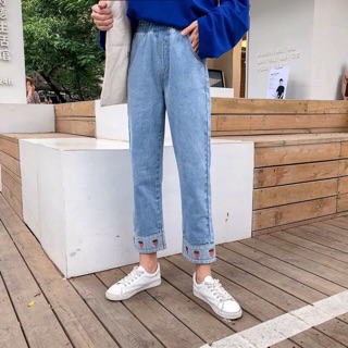 ORDER Quần culottes Jeans thêu  thêu dâu tây 🍓/ quần Jeans ống suông