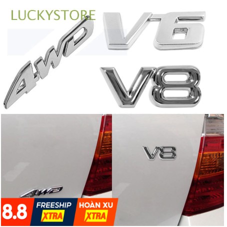 Decal kim loại nổi 3D V6 V8 tem logo biểu tượng miếng dán xe hơi ô tô tương thích Toyota Camry Land Cruiser Honda Accord