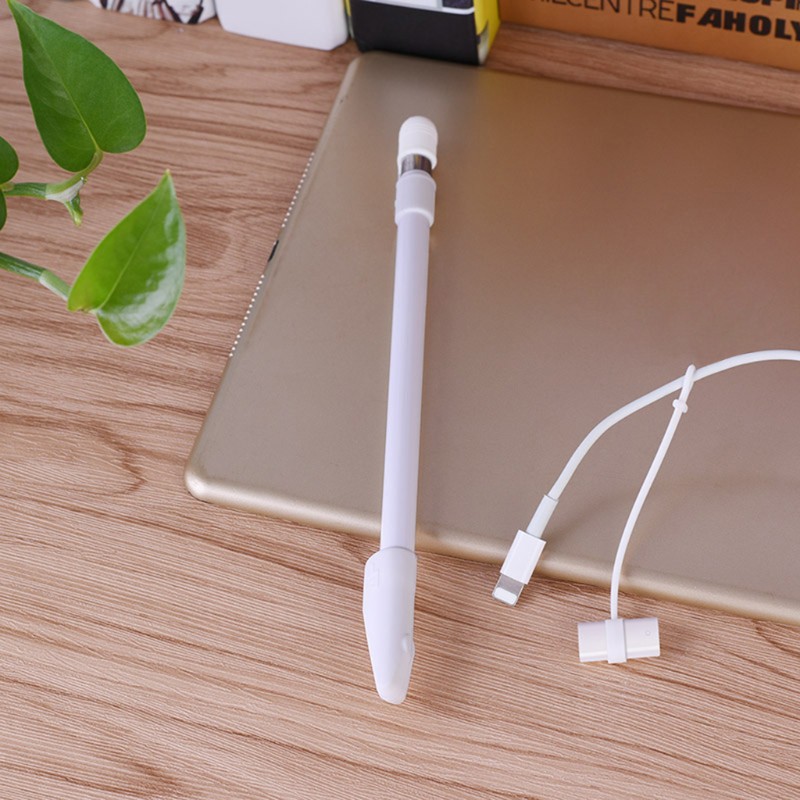 Set phụ kiện giữ dây cáp sạc với nắp bút và vỏ bảo vệ đầu bút cho bút cảm ứng Apple
