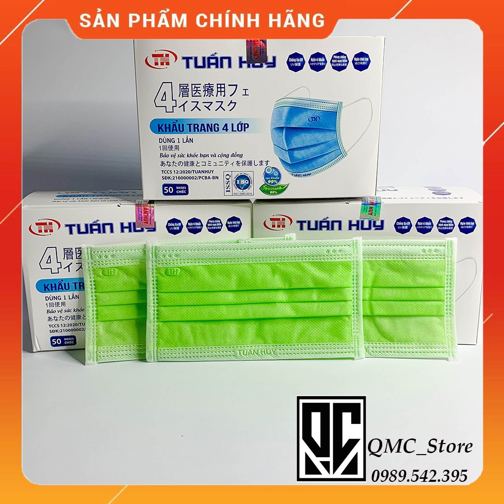 &lt;Hot&gt; Khẩu trang y tế 4 lớp kháng khuẩn màu xanh lá, hộp 50c #QMC
