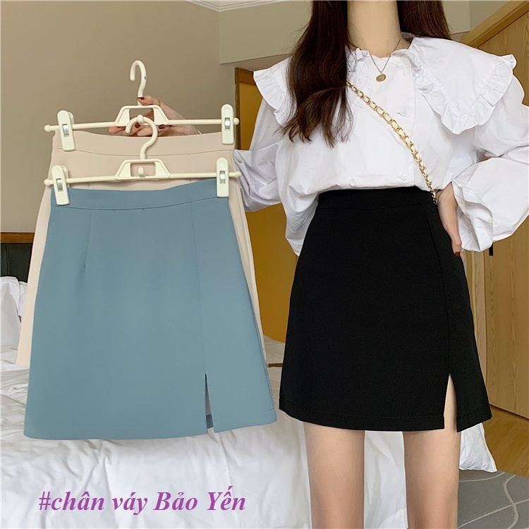 Chân váy ngắn xẻ tà màu xanh ghi đá(có quân chống lộ) - M3X