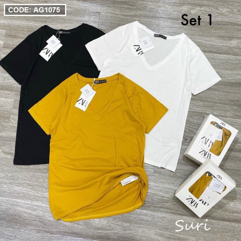 Set áo thun Zara cổ tim full box - full tag