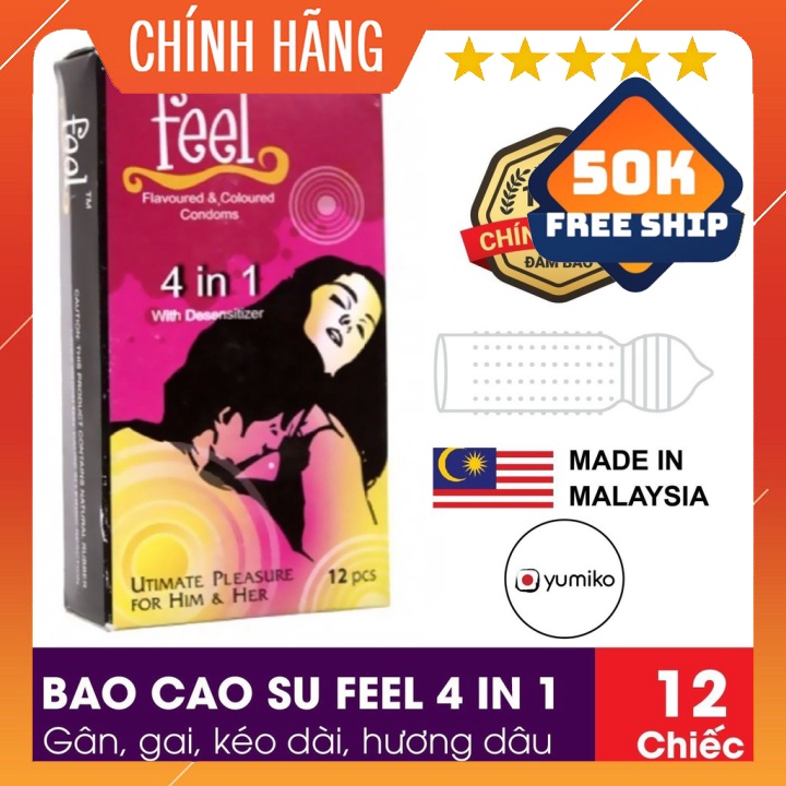 Bao cao su Feel kéo dài thời gian quan hệ gân gai 4 In 1 bcs xuất xứ Malaysia Hộp 12 chiếc