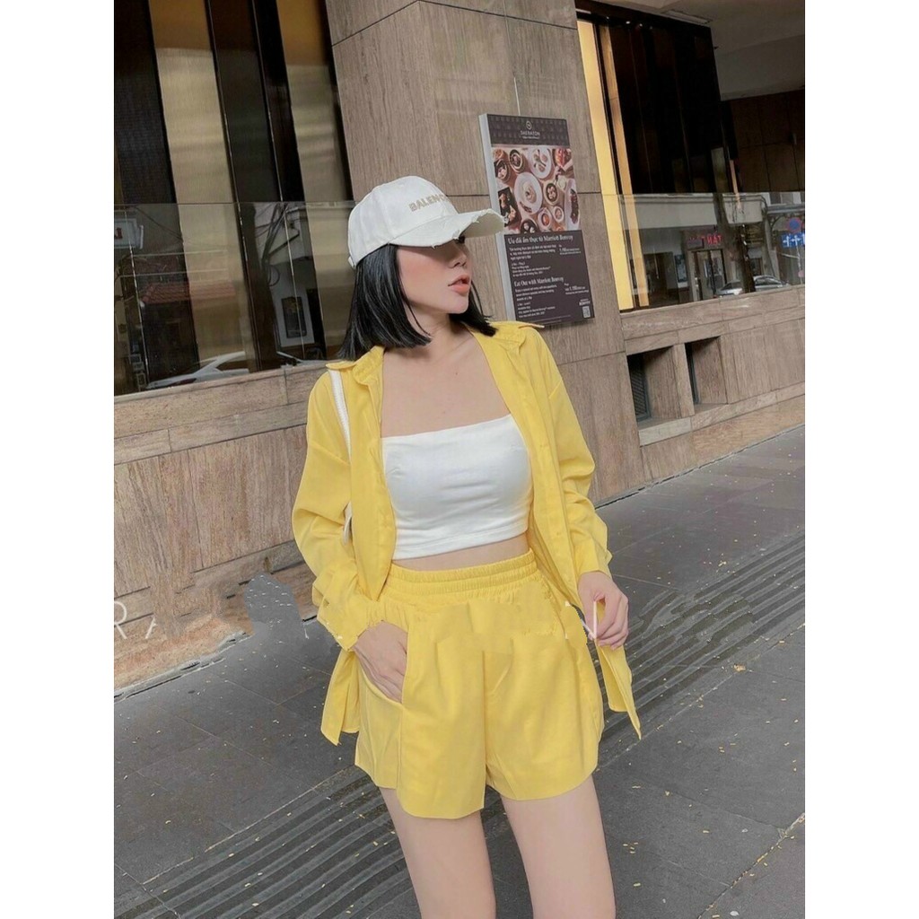 Set Sơ Mi Tay Dài Và Quần Đùi Kèm Áo Trong Hai Dây Thời Trang Nữ Rose Fashion