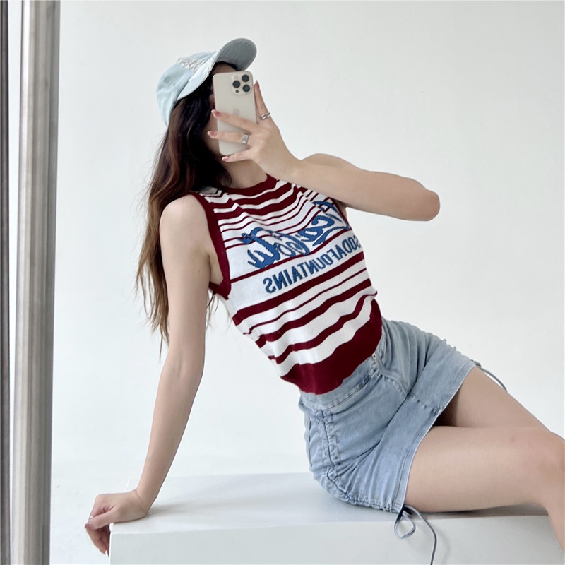SUXI Áo Tank Top Dệt Kim Sát Nách Kẻ Sọc Màu Tương Phản Kiểu Retro Cá Tính