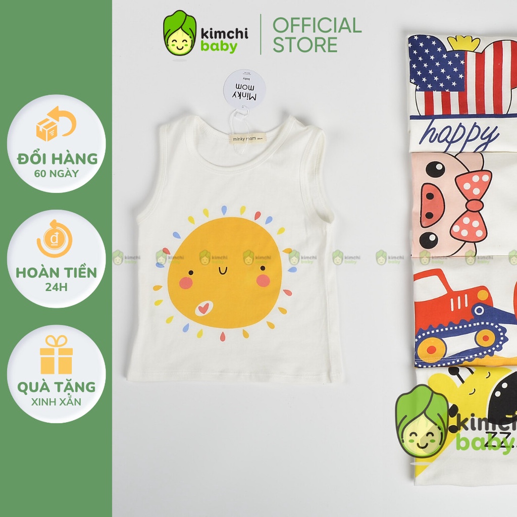 Áo Ba Lỗ Bé Gái , Bé Trai Minky Mom Vải Cotton 100% Trắng Basic Họa Tiết Dễ Thương, Áo 3 Lỗ Cho Bé Mặc Hè MKMA2115