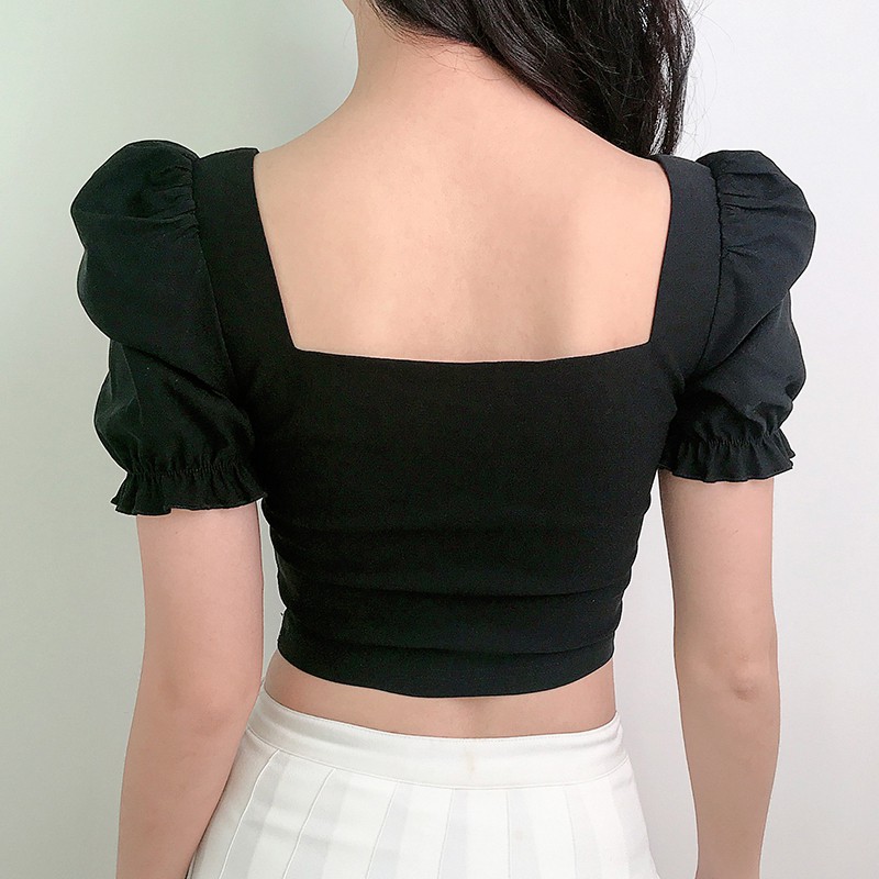 Áo crop top tay phồng cổ vuông màu trơn kiểu dáng quyến rũ dành cho nữ