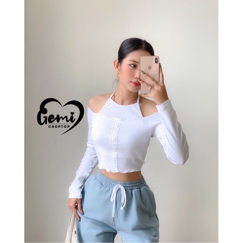 ÁO CROPTOP TRỄ VAI CỔ YẾM TAY DÀI [GEMI SHOP]