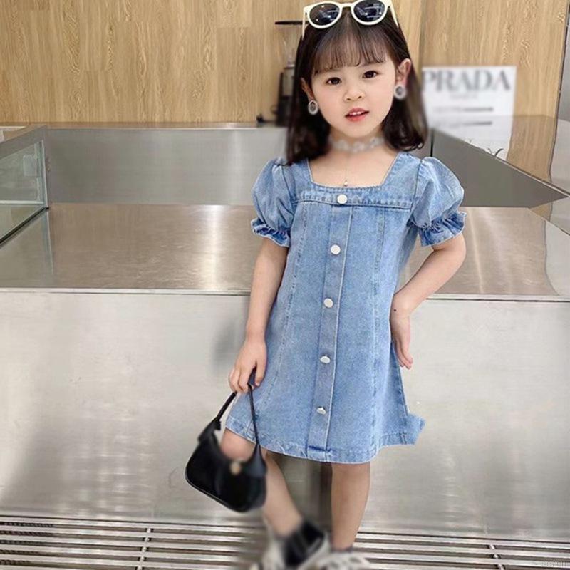 Đầm Denim Cổ Vuông Mùa Hè Cho Bé Gái 3-8 Tuổi