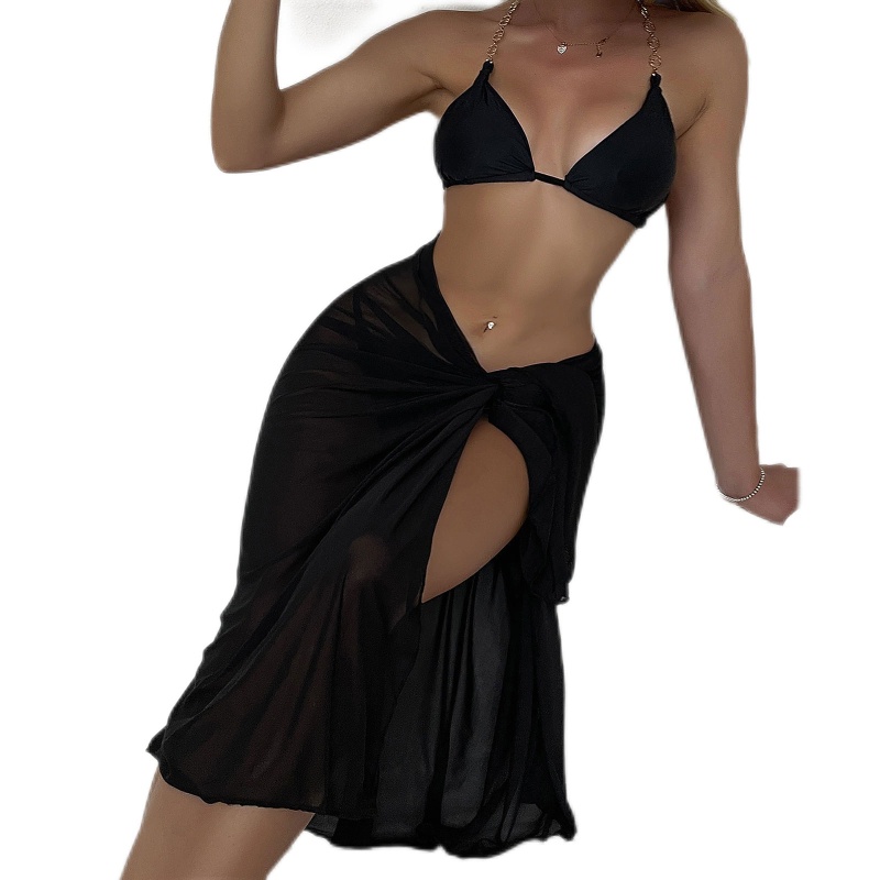 Bộ Đồ Bơi Ba Mảnh Màu Trơn Hai Dây Buộc Gợi Cảm Cho Nữ