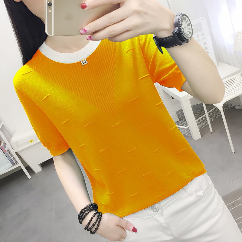 Áo Thun Dệt Kim Mỏng Tay Ngắn Cổ Tròn Thời Trang Mùa Hè Cho Nữ