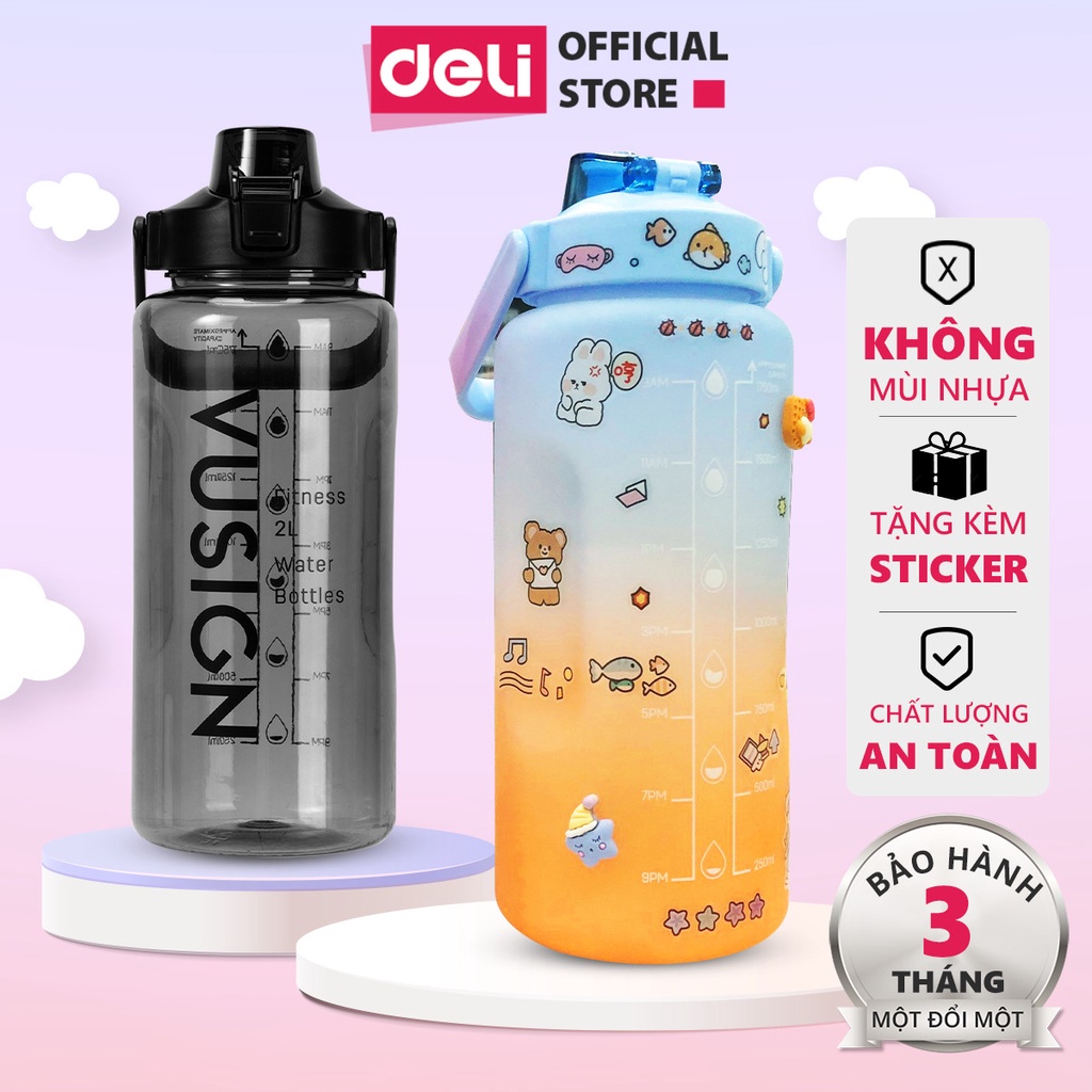 DELIBINH giảm30k Bình nước nhựa 2 lít tặng sticker Deli KHÔNG MÙI NHỰA AN TOÀN với sức khoẻ có giấy kiểm định chất lượng