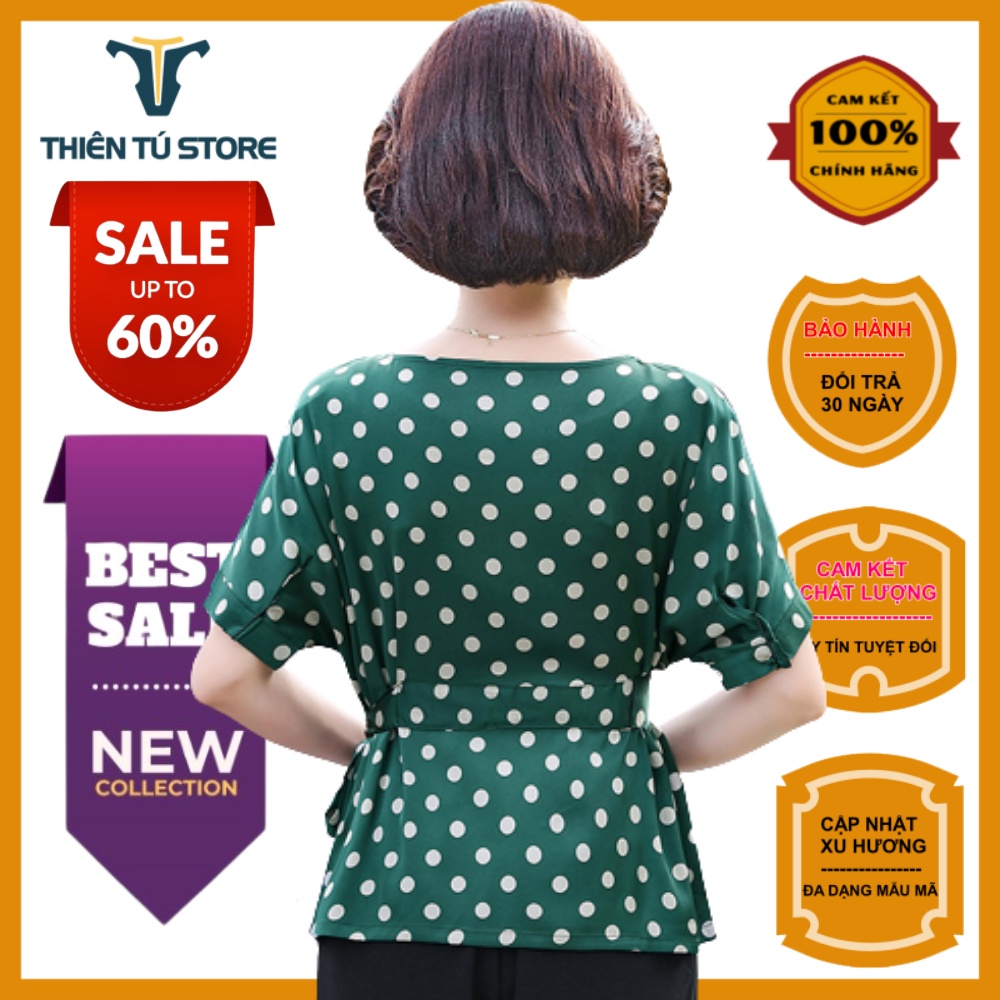 Áo trung niên cho mẹ sang trọng u40 u50 họa tiết chấm bi ngắn tay cổ tròn thanh lịch form dáng rộng thoải mái dễ mặc