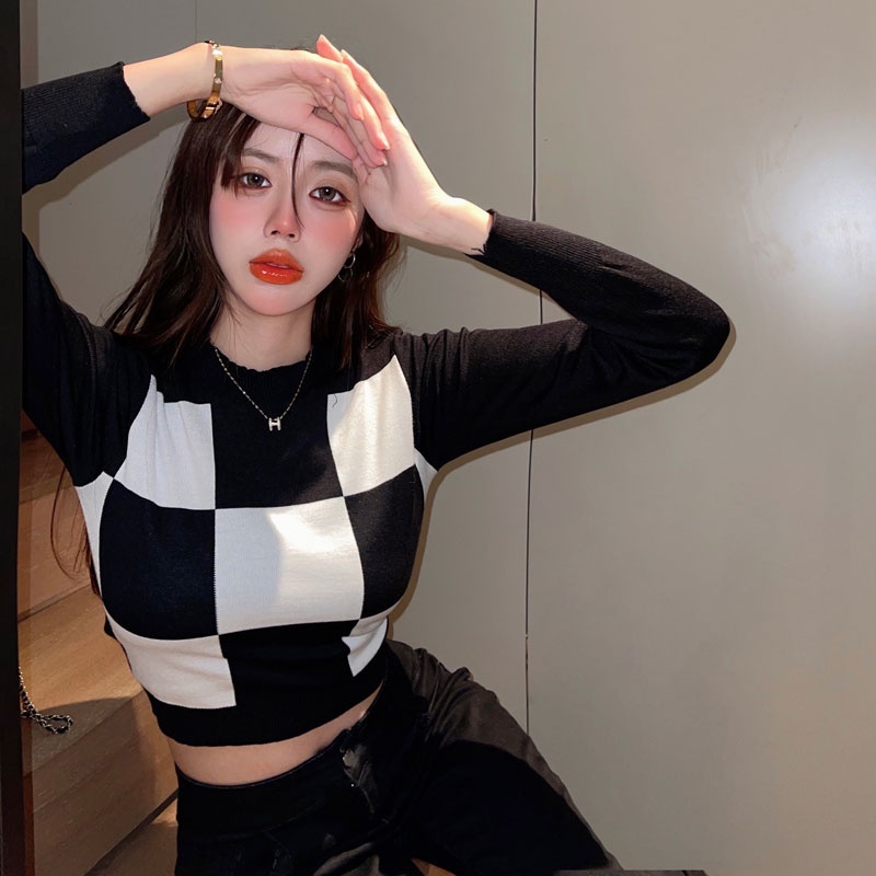 QADCOL Áo len tay dài họa tiết caro thời trang cho nữ