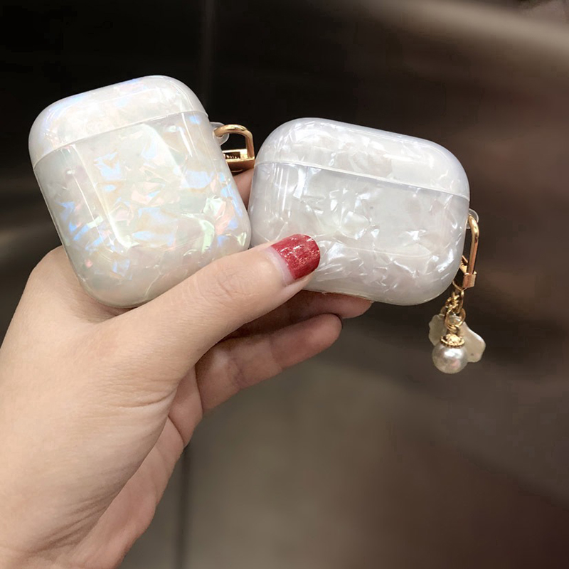 Vỏ bảo vệ hộp tai nghe ánh kim cương laser sang trọng dây phối hai hạt ngọc trai cho Airpods Pro Air Pods Airpods 3