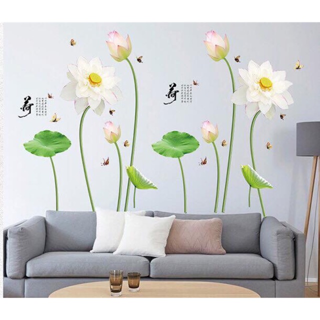 Decal dán tường hoa sen trắng 3 bông [Siêu rẻ] - Tranh dán tường hoa sen trắng 3 bông