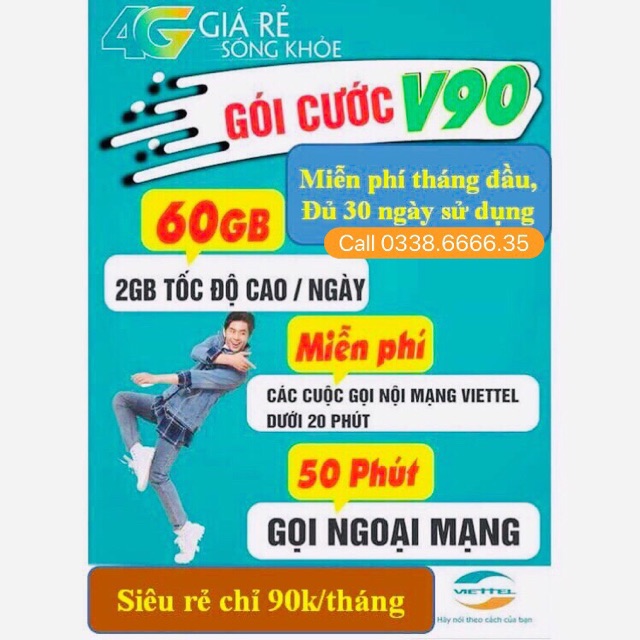 Sim đẹp viettel đầu 09 gói V90 tài khoản 90k