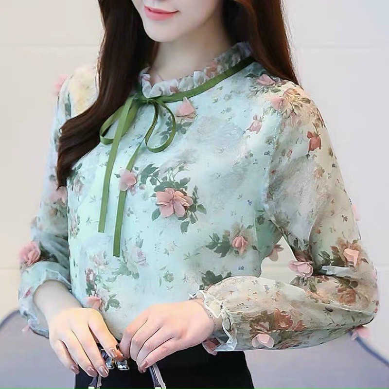 áo sơ mi dài tay cổ viền nơ hoa nổi