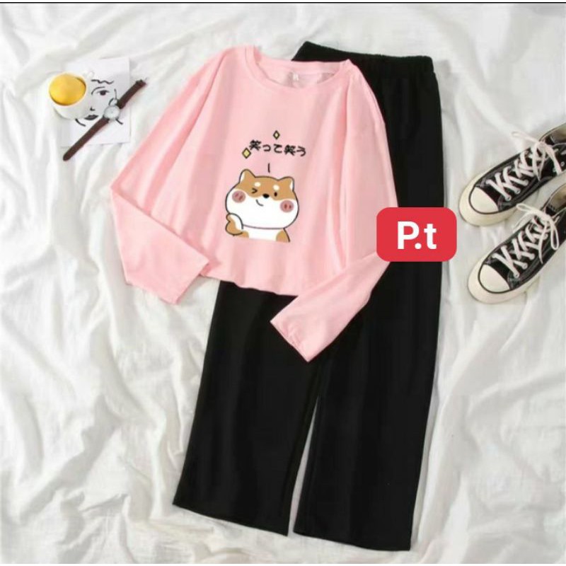 Set áo thun dài tay chất da cá kèm quần ống rộng dài siêu hot