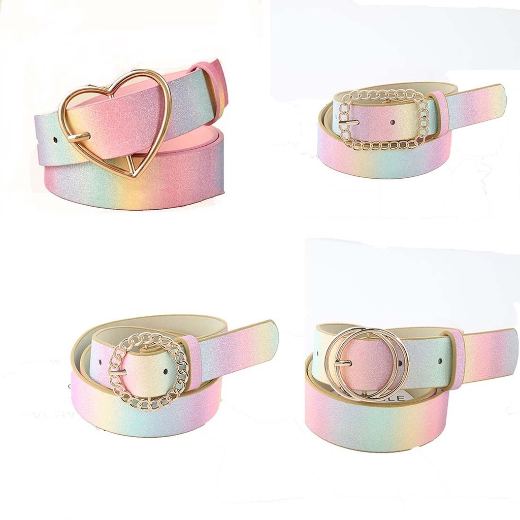 JUNE Belts Rainbow Belt Fashionable Pink Gothic Leather Belt Heart-Shaped Buckle Apparel Accessories Shiny Dress Adjustable Sequins