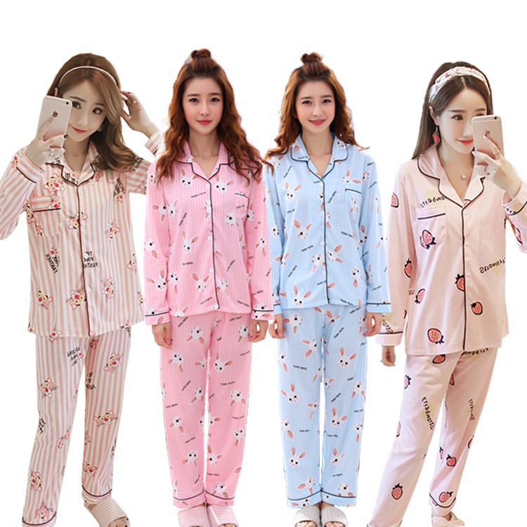 Bộ đồ ngủ nữ tay dài in hình dâu tây phong cách Hàn Quốc
