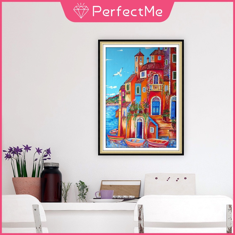 Mới Bộ Tranh Đính Đá 5D Tự Làm Hình Ngôi Nhà Trên Bãi Biển 30x40cm