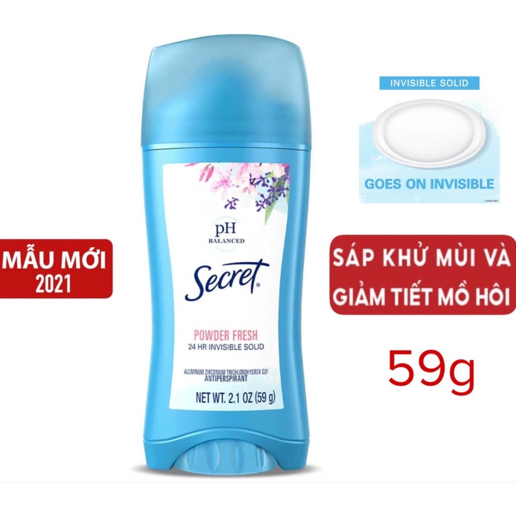 [Mẫu mới] Sáp Khử Mùi Secret Powder Fresh 24Hr Invisible Solid PH Balanced 59g (Hương Phấn - Sáp Trắng)