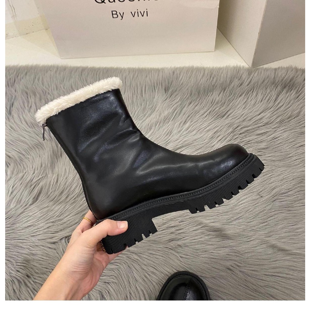 Giày Boot Cổ Ngắn Lót Lông Cừu Cotton Dày Giữ Ấm Mùa Thu Đông Phong Cách Mới 2022 Cho Nữ