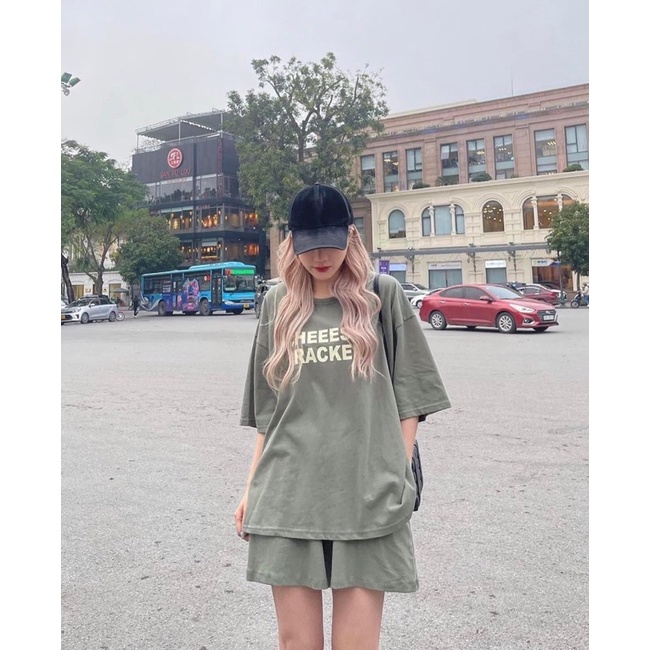 (Ảnh thật) Set Đồ Thun Áo Phông In Chữ Cheese Kèm Quần Short