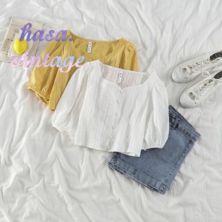 🌿 Áo blouse croptop cổ vuông tay phồng nút bọc vải xô ulzzang 🔥