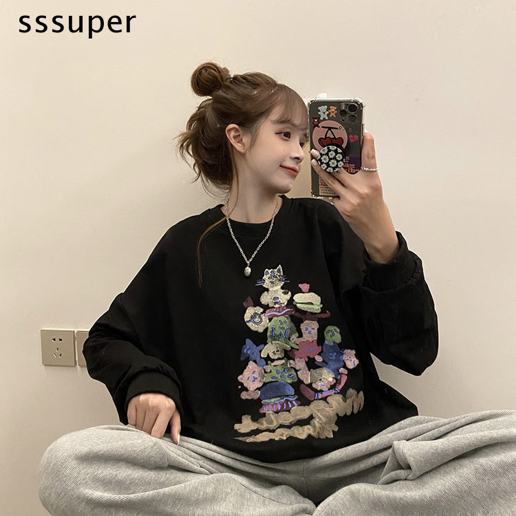 áo nỉ tay dài cổ tròn in hình dễ thương đáng yêu phong cách Hàn Quốc cho nữ