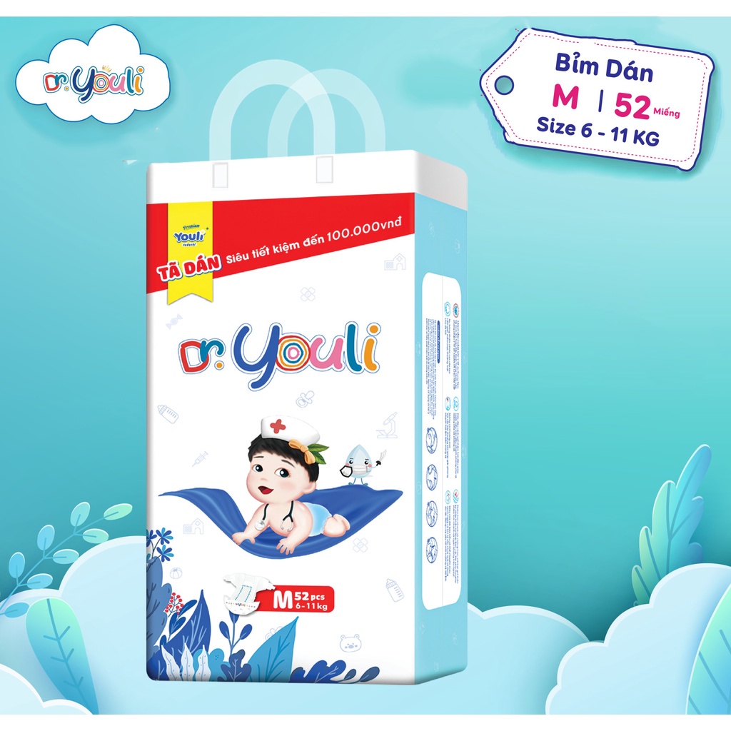 Tã/Bỉm Dán/Quần Dr. YOULI Đai Chun Mềm Mại, Mỏng Nhẹ Siêu Thấm Hút Đủ Size S - 3XL Cho Bé 4kg - 20kg