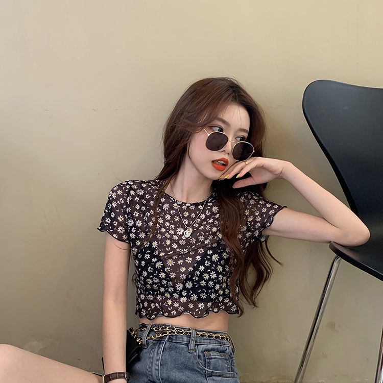Áo Croptop Tay Ngắn Phối Lưới Trong Suốt In Hoa Thời Trang Mùa Hè Quyến Rũ Cho Nữ