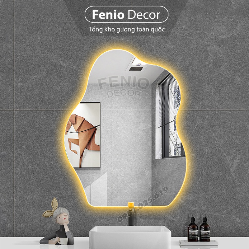Gương decor treo tường gương nghệ thuật hình hạt đậu có đèn led trang trí phòng khách, phòng ngủ, bàn trang điểm