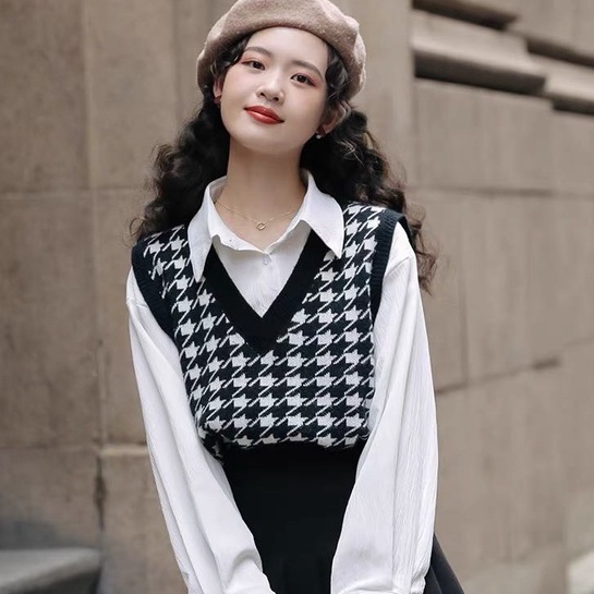 Áo gile kẻ caro vintage Qiukan phối viền basic, Áo len nữ kẻ không tay dáng suông chất len dày đẹp