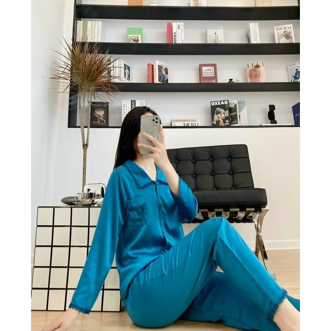 Bộ Pijama Chất Lụa Latin Trơn Viền Ren Mặc Nhà Cao Cấp