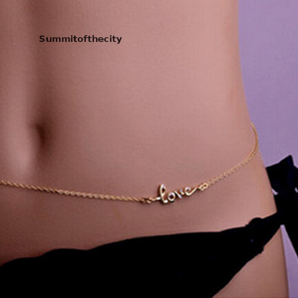Thắt lưng dây xích mạ vàng 18K phối mặt hình chữ Love thời trang đi biển mùa hè cho nữ